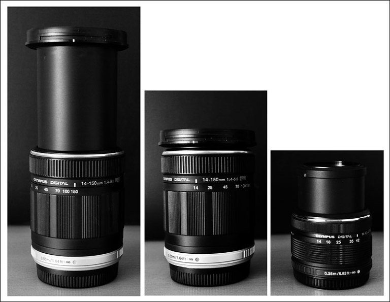 Zuiko 14-150mm:  focal 150mm / focal 14mm (reposo) / Zuiko 14-42mm focal 42mm